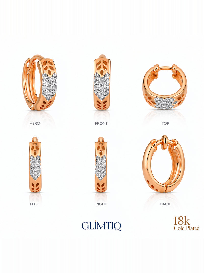 Six views of golden leaf 18k rose gold plated hoops showing front, sides and back