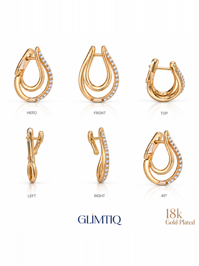 Six views of golden swoop 18k gold plated huggie earrings showing front, sides and back