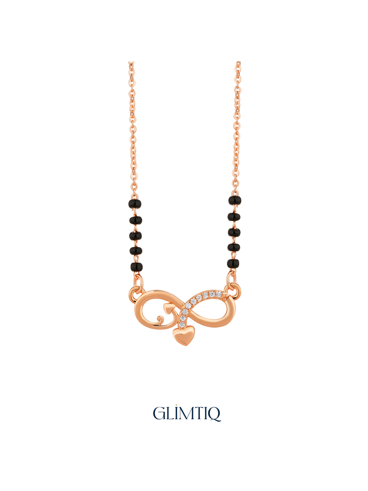 Close-up of rose gold mangalsutra pendant featuring infinity pendant with sparkling accents and a hanging heart charm.