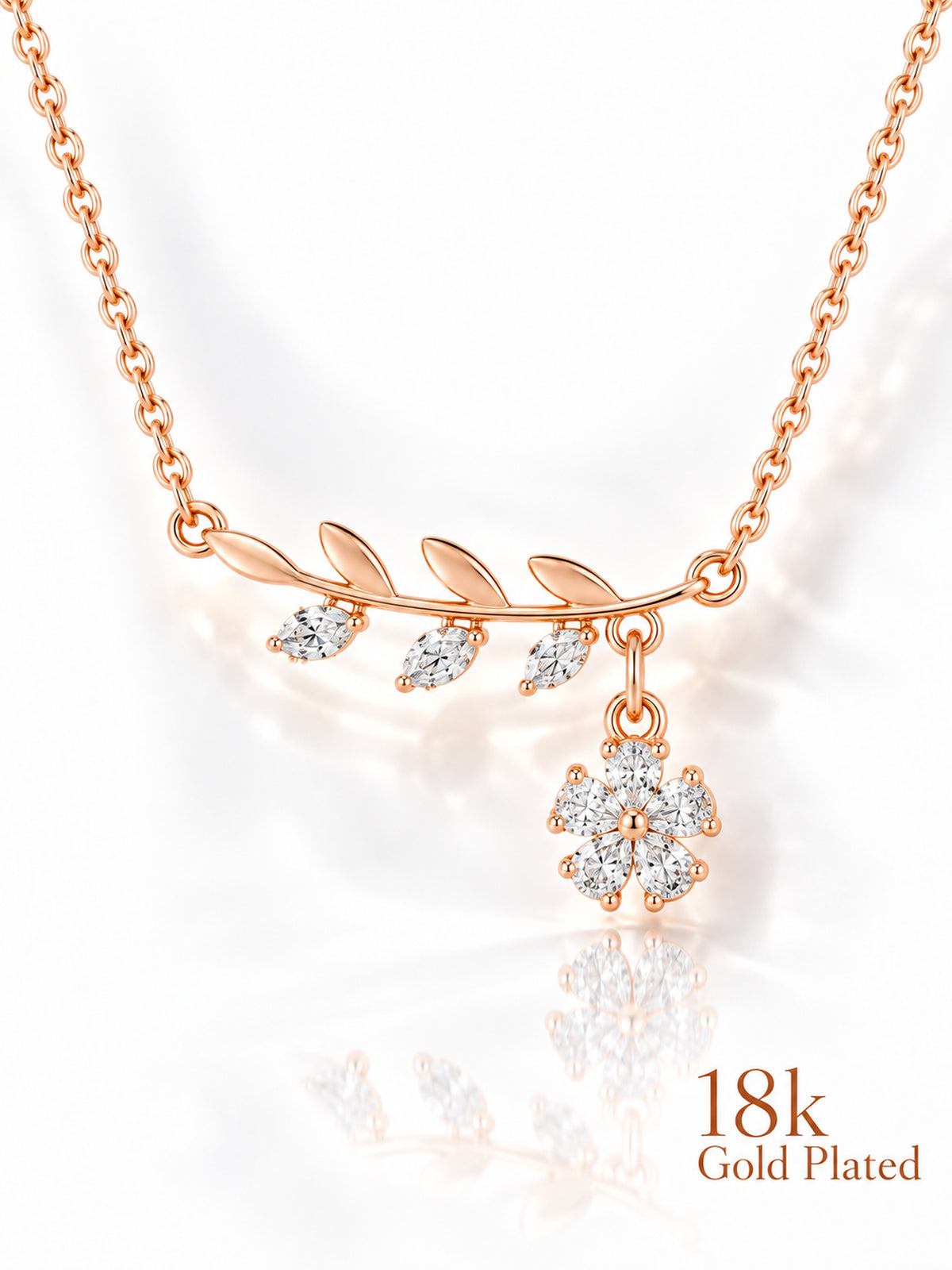 Leafy Flower Drop 18K Gold Plated Necklace pendant close-up