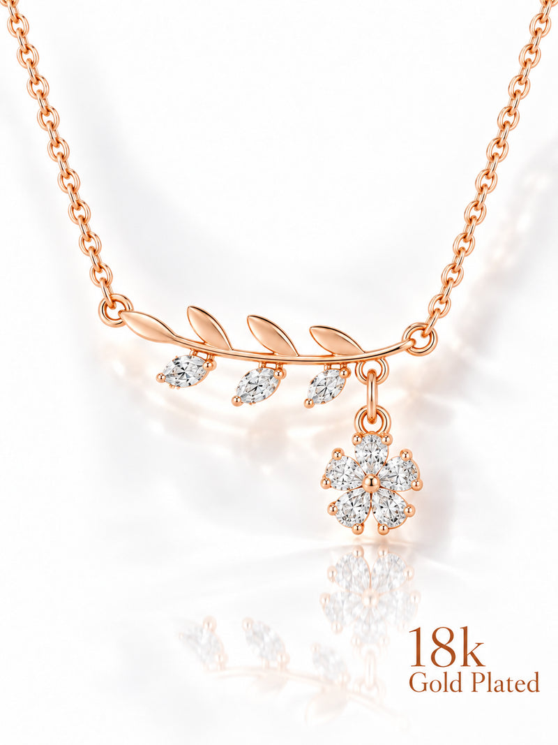 Leafy Flower Drop 18K Gold Plated Necklace pendant close-up