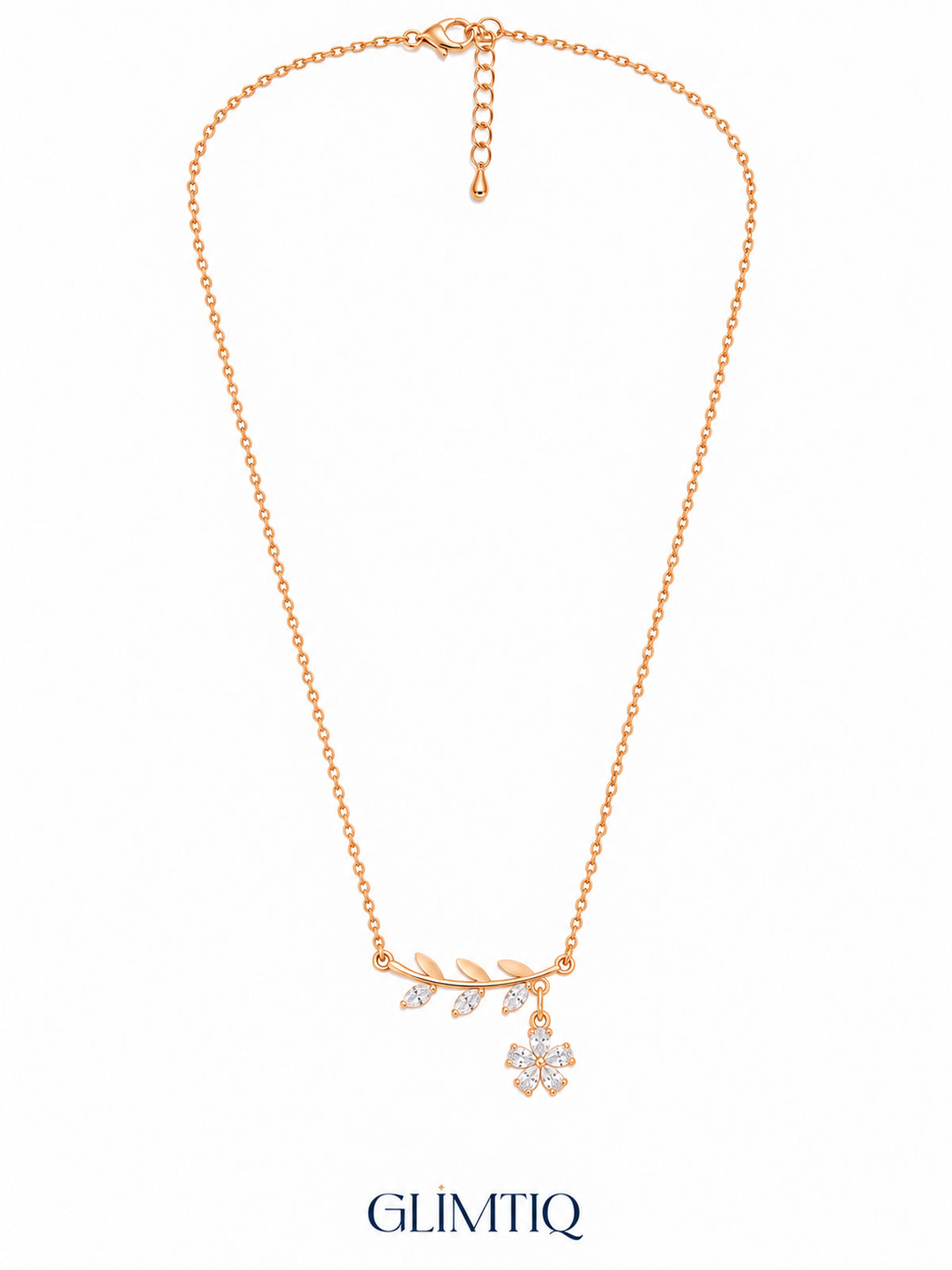 Full view of Leafy Flower Drop 18K Gold Plated Necklace showing its chain, clasp and extender