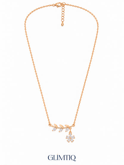 Full view of Leafy Flower Drop 18K Gold Plated Necklace showing its chain, clasp and extender