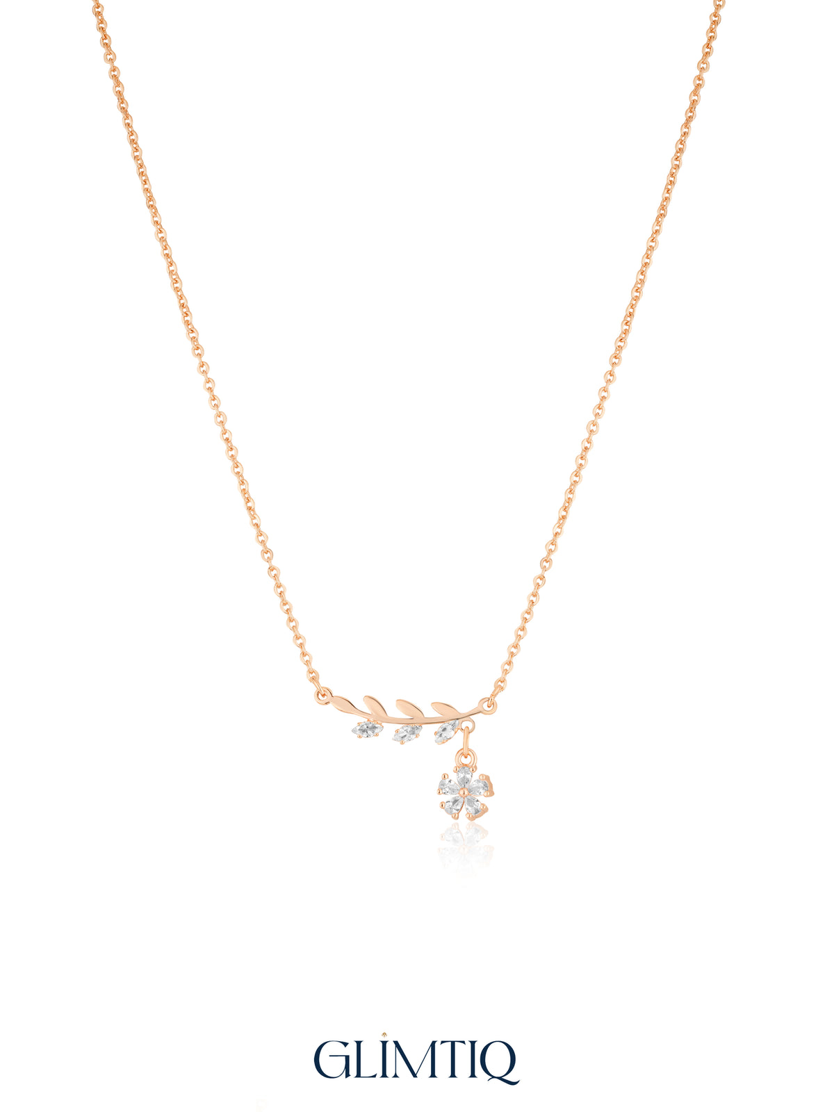 Leafy Flower Drop 18K Gold Plated Necklace studio view showing the front design and chain