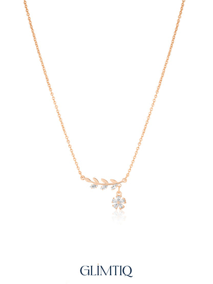 Leafy Flower Drop 18K Gold Plated Necklace studio view showing the front design and chain