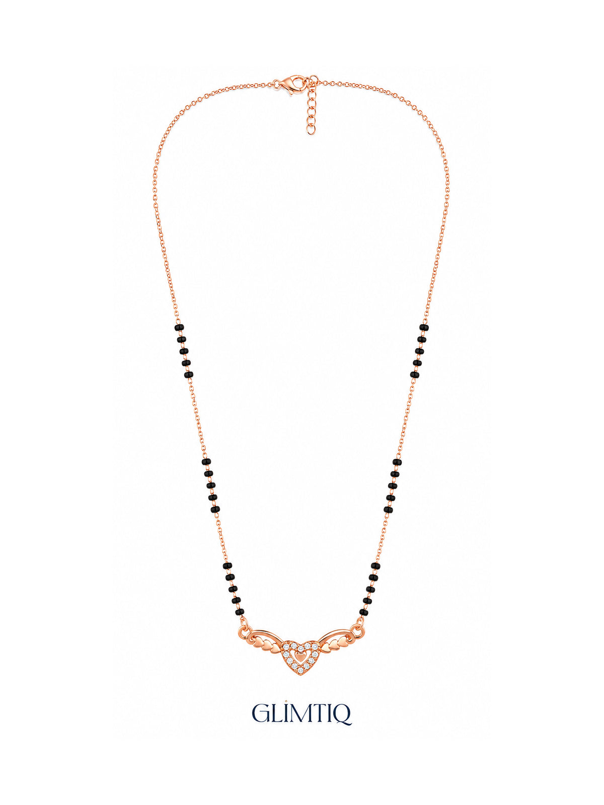 Full rose gold mangalsutra showing black bead sections, sparkling double-heart pendant with heart-shaped wings, lobster clasp and extension chain.