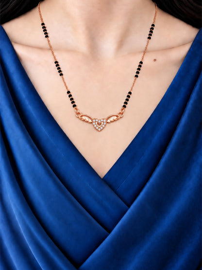 Love Wings Heart mangalsutra with black beads shown worn on a model.