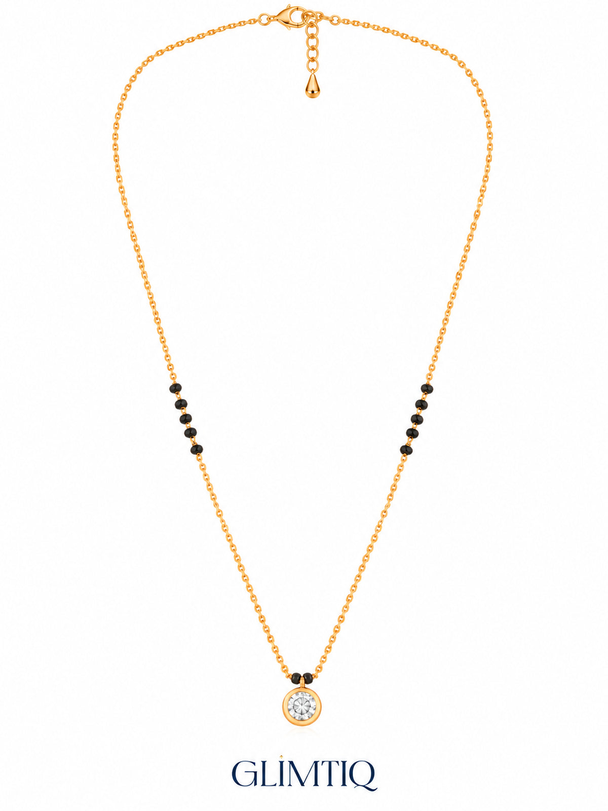 Full chain, clasp and black bead view of Round Bezel Solitaire mangalsutra