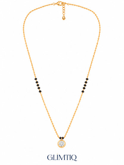 Full chain, clasp and black bead view of Round Bezel Solitaire mangalsutra