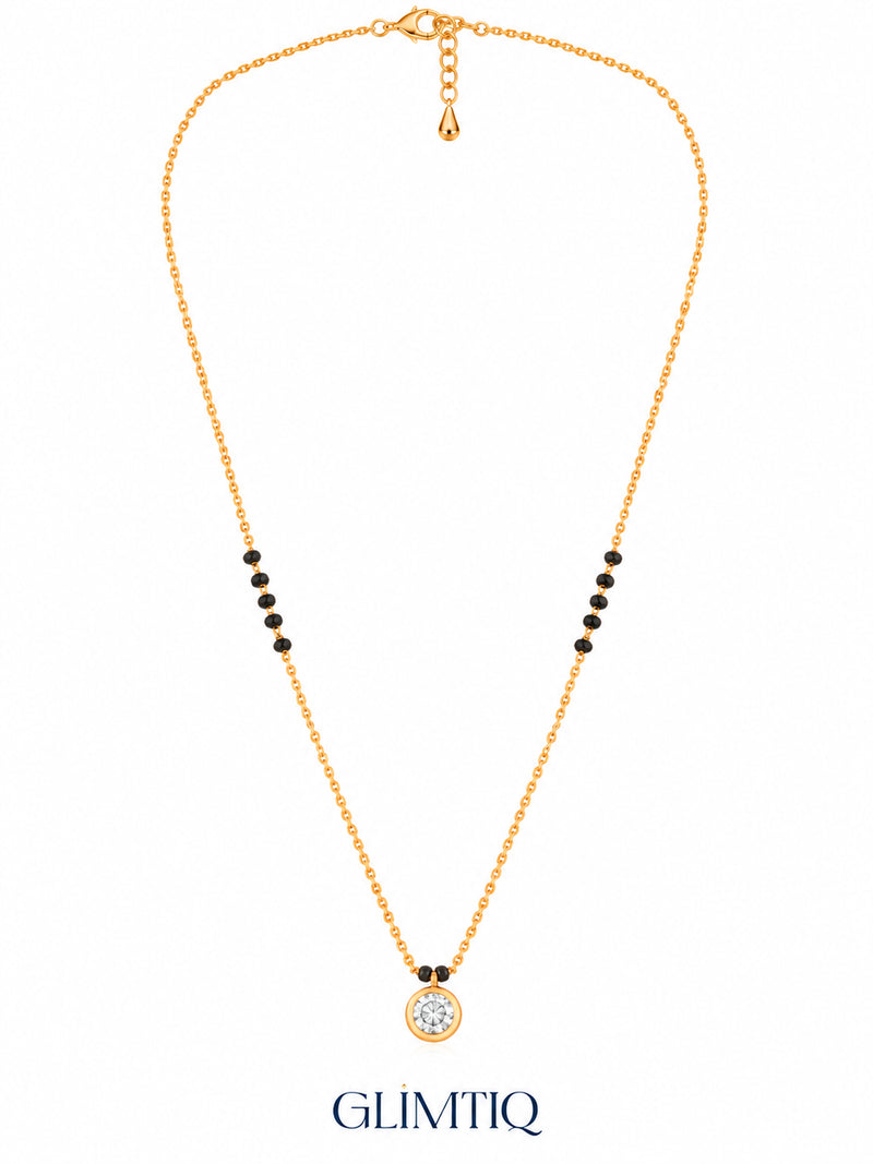 Full chain, clasp and black bead view of Round Bezel Solitaire mangalsutra