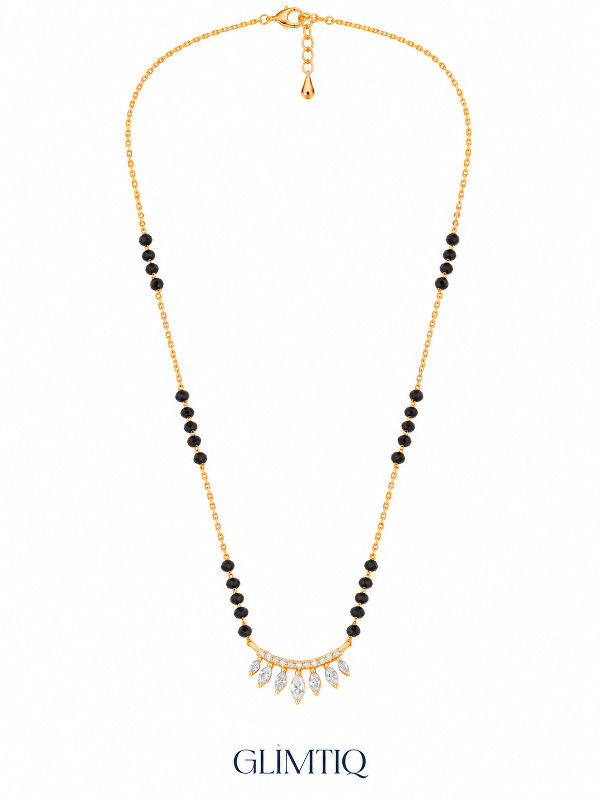 Full chain, clasp and black bead view of Marquise Fringe Arc mangalsutra