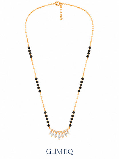 Full chain, clasp and black bead view of Marquise Fringe Arc mangalsutra