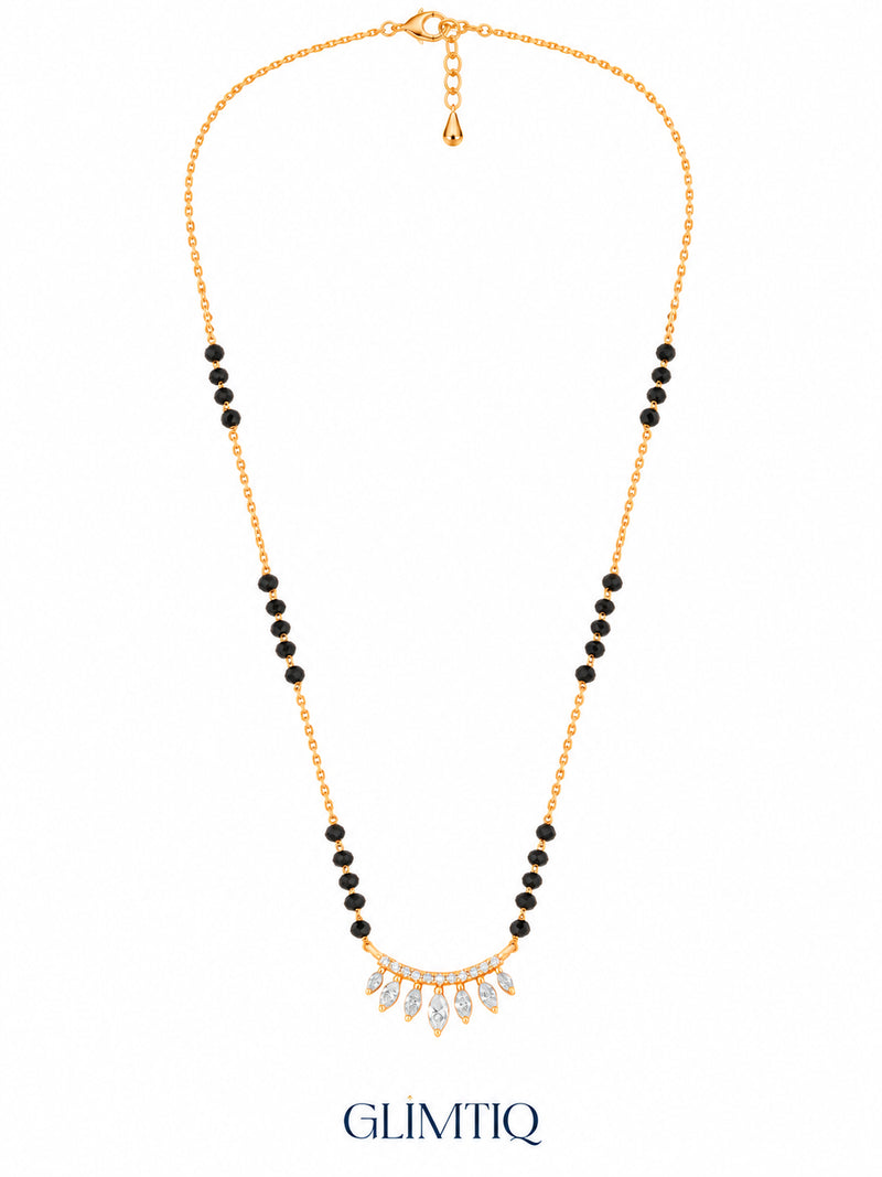 Full chain, clasp and black bead view of Marquise Fringe Arc mangalsutra