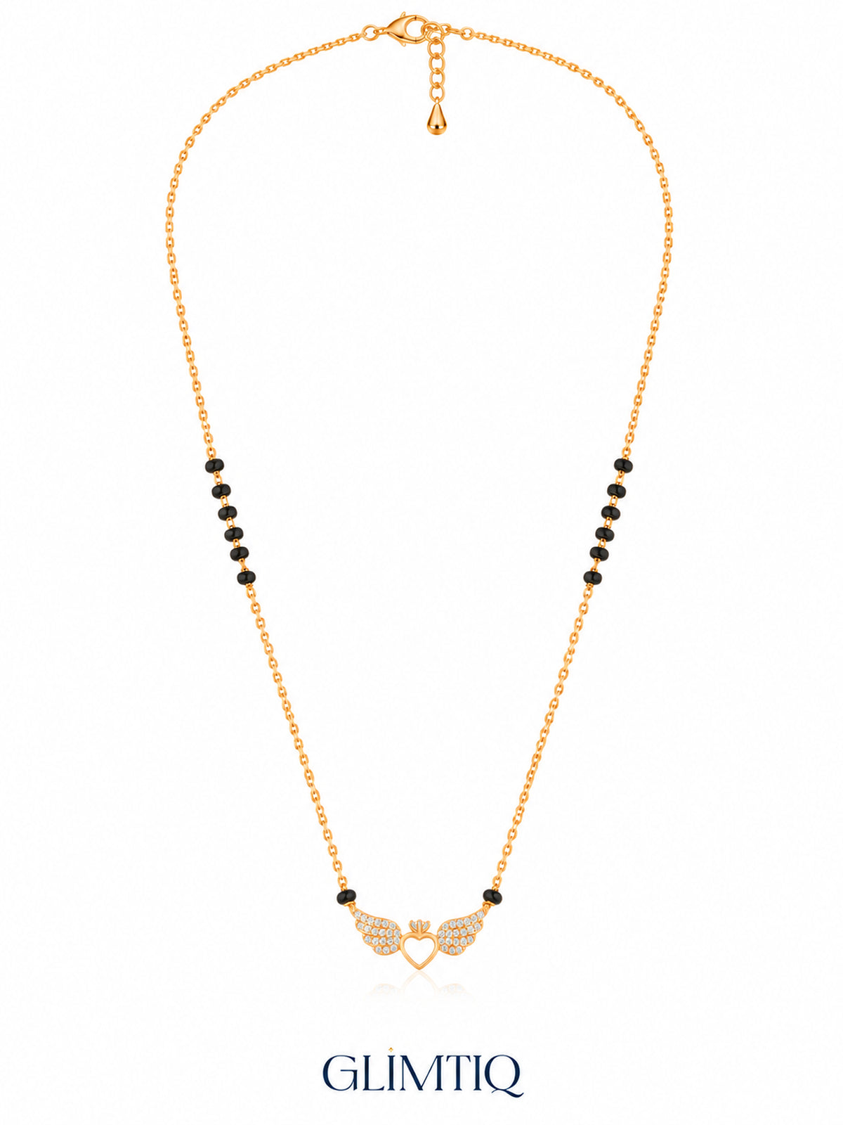 Full chain, clasp and black bead view of Angel Winged Heart mangalsutra