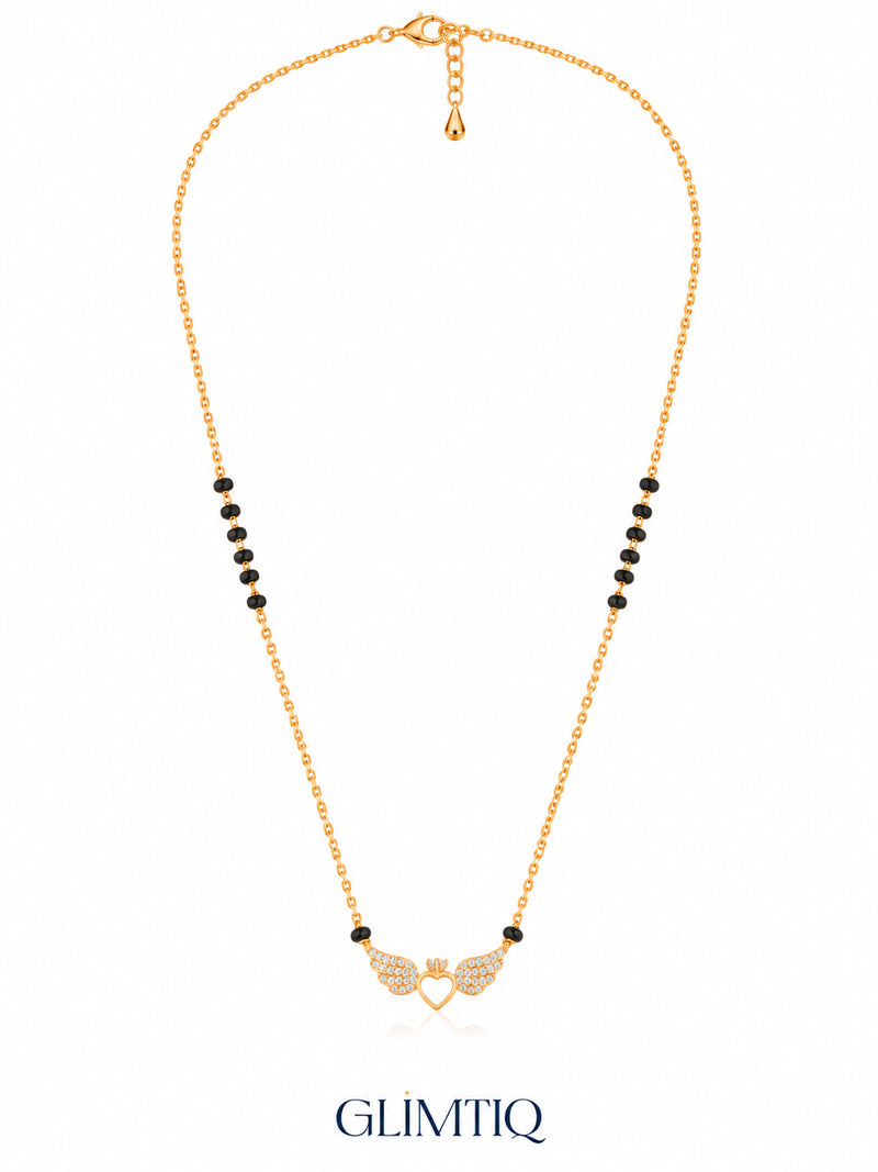 Full chain, clasp and black bead view of Angel Winged Heart mangalsutra