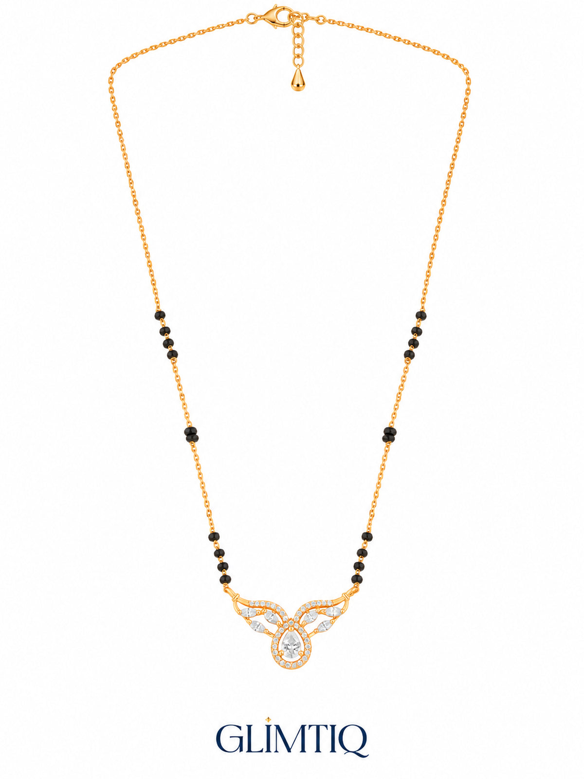 Full chain, clasp and black bead view of Pear Halo Winged Arc mangalsutra