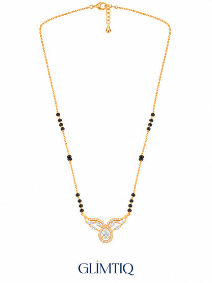 Full chain, clasp and black bead view of Pear Halo Winged Arc mangalsutra