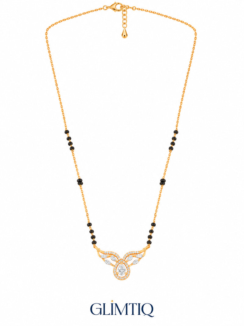 Full chain, clasp and black bead view of Pear Halo Winged Arc mangalsutra