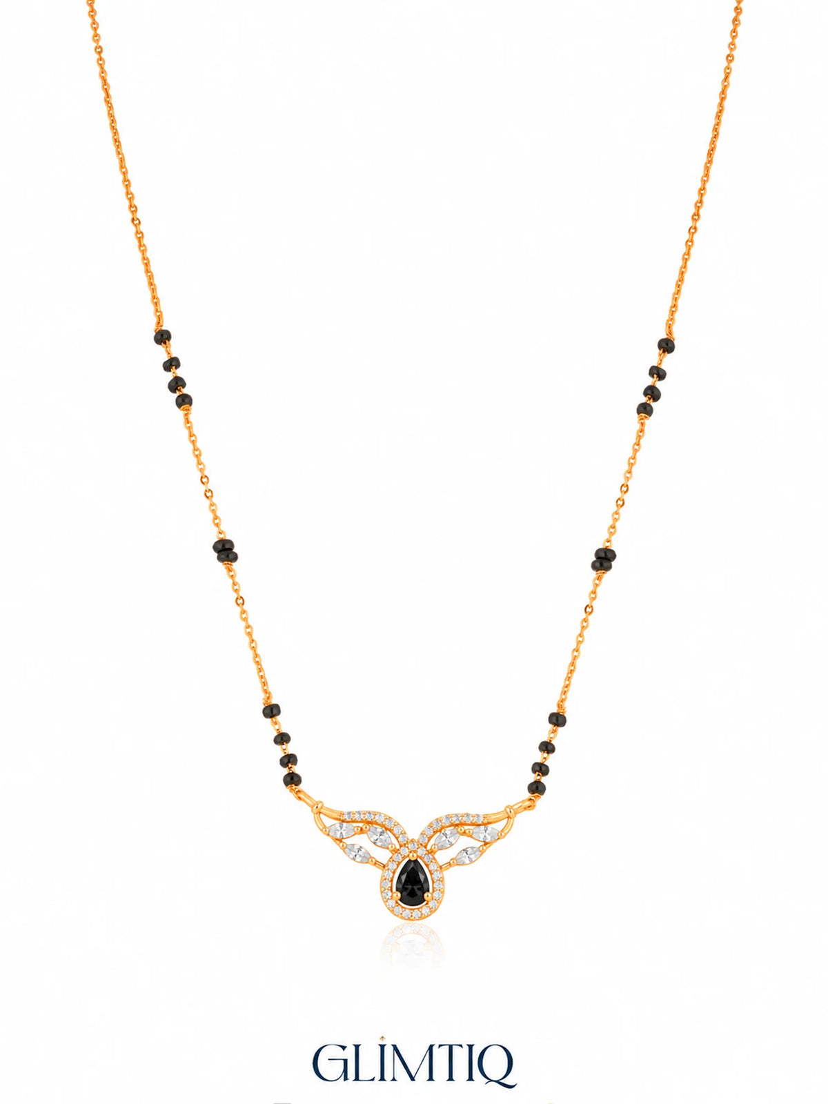 Pear Halo Winged Arc 18K Gold Plated Mangalsutra Black studio view
