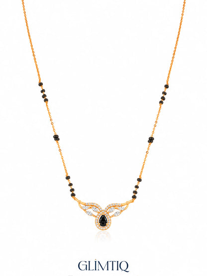 Pear Halo Winged Arc 18K Gold Plated Mangalsutra Black studio view