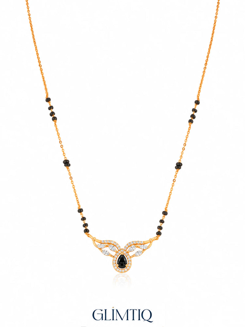 Pear Halo Winged Arc 18K Gold Plated Mangalsutra Black studio view