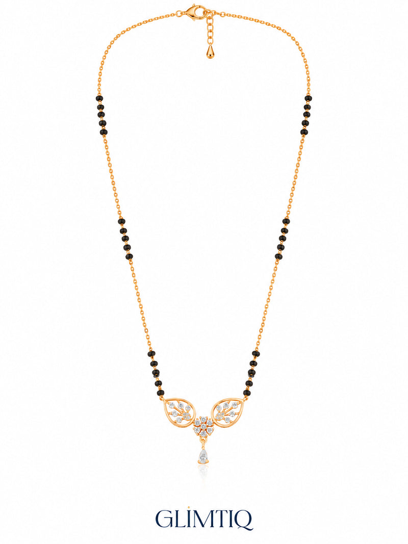 Full chain, clasp and black bead view of Botanical Blossom Dewdrop mangalsutra