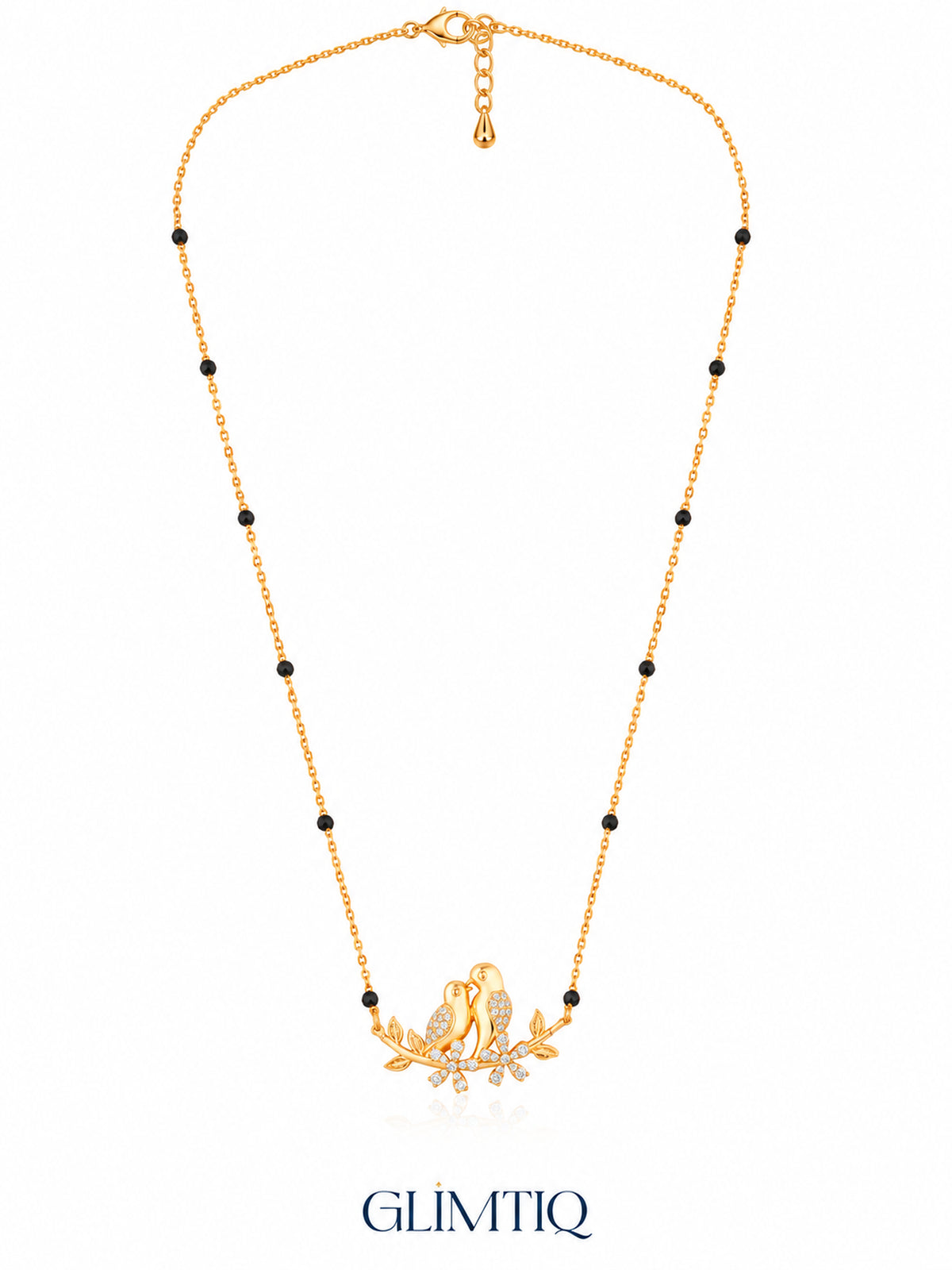 Full chain, clasp and black bead view of Lovebirds on Branch mangalsutra