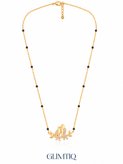 Full chain, clasp and black bead view of Lovebirds on Branch mangalsutra