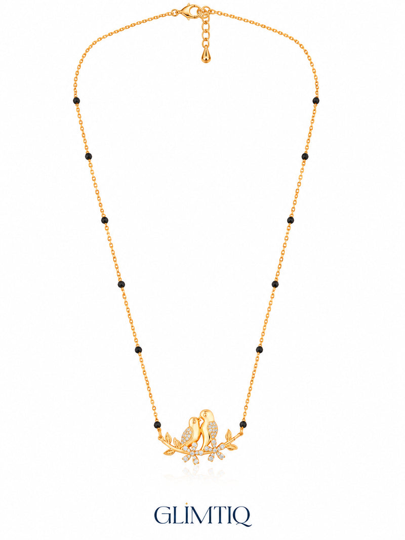 Full chain, clasp and black bead view of Lovebirds on Branch mangalsutra