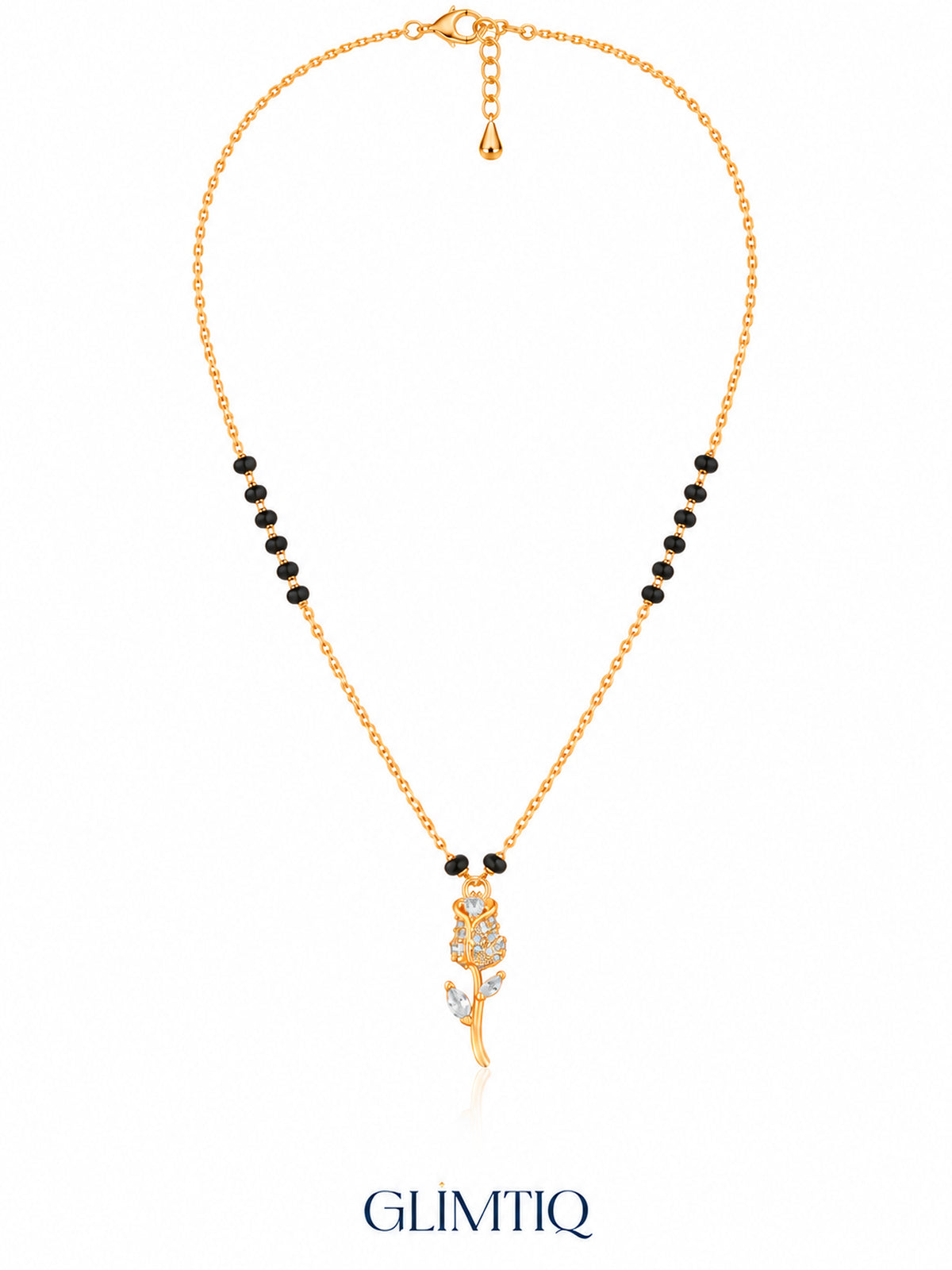 Full chain, clasp and black bead view of Rose Stem mangalsutra