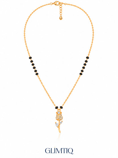 Full chain, clasp and black bead view of Rose Stem mangalsutra