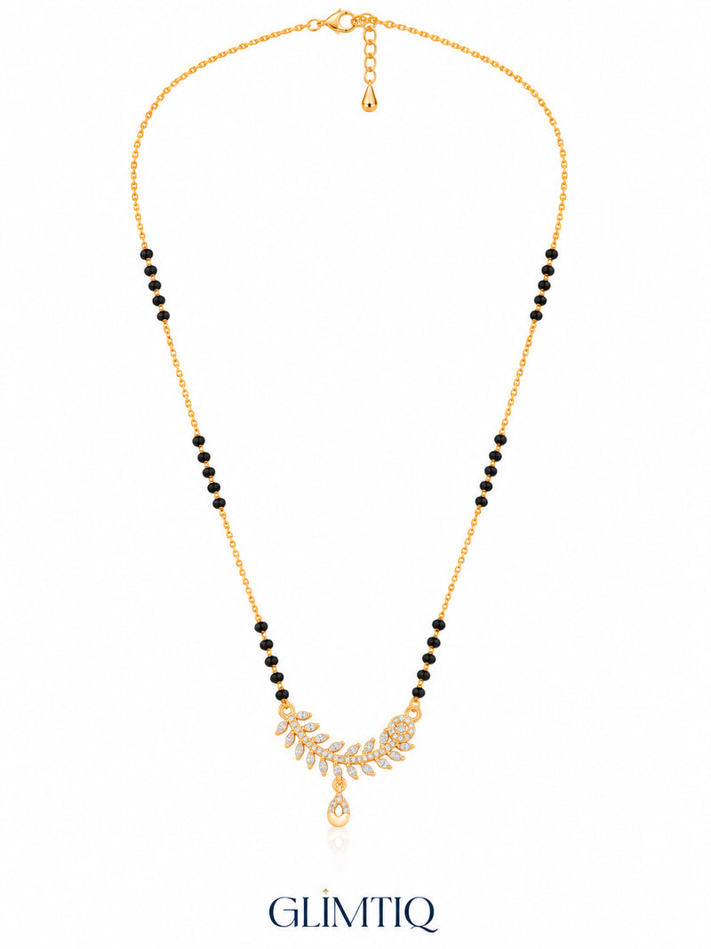 Full chain, clasp and black bead view of Floral Rosette Teardrop mangalsutra