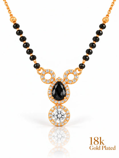 Dual Halo Solitaire Drop 18K Gold Plated Mangalsutra black upper stone, crystal clear lower stone