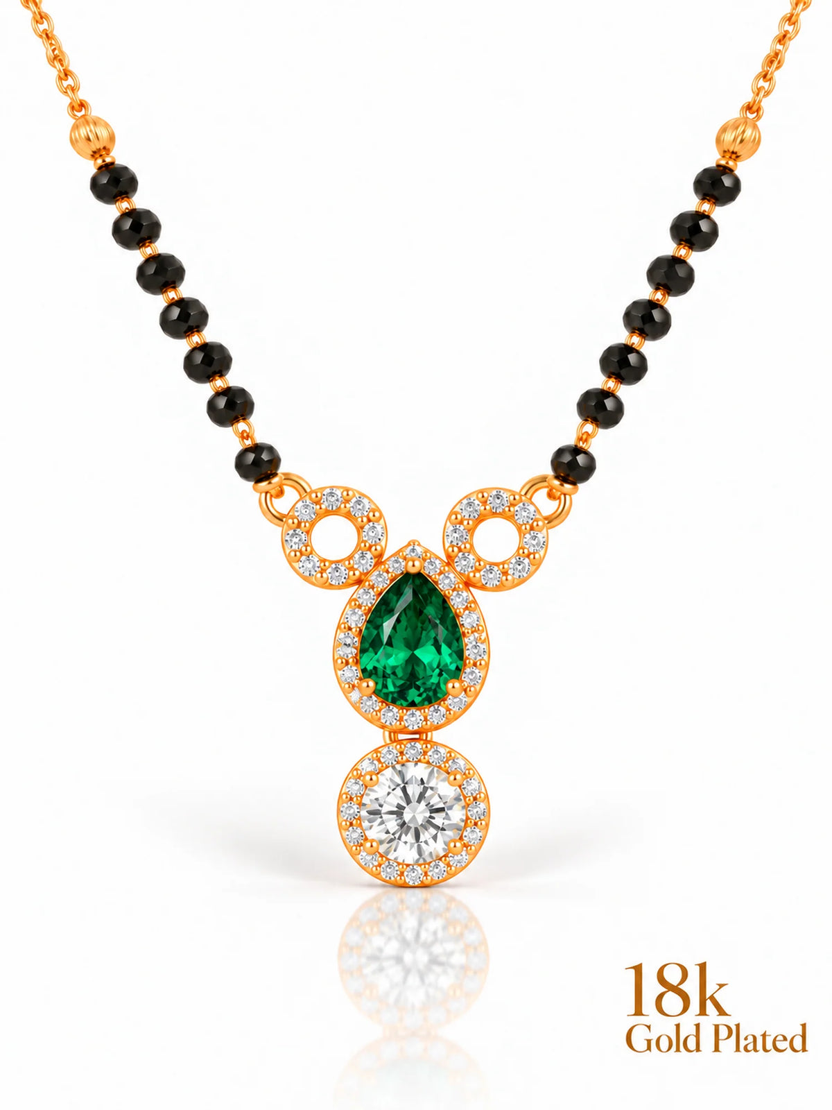 Dual Halo Solitaire Drop 18K Gold Plated Mangalsutra green upper stone, crystal clear lower stone