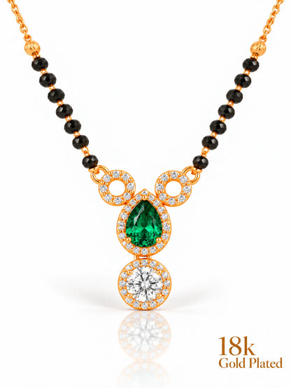 Dual Halo Solitaire Drop 18K Gold Plated Mangalsutra green upper stone, crystal clear lower stone