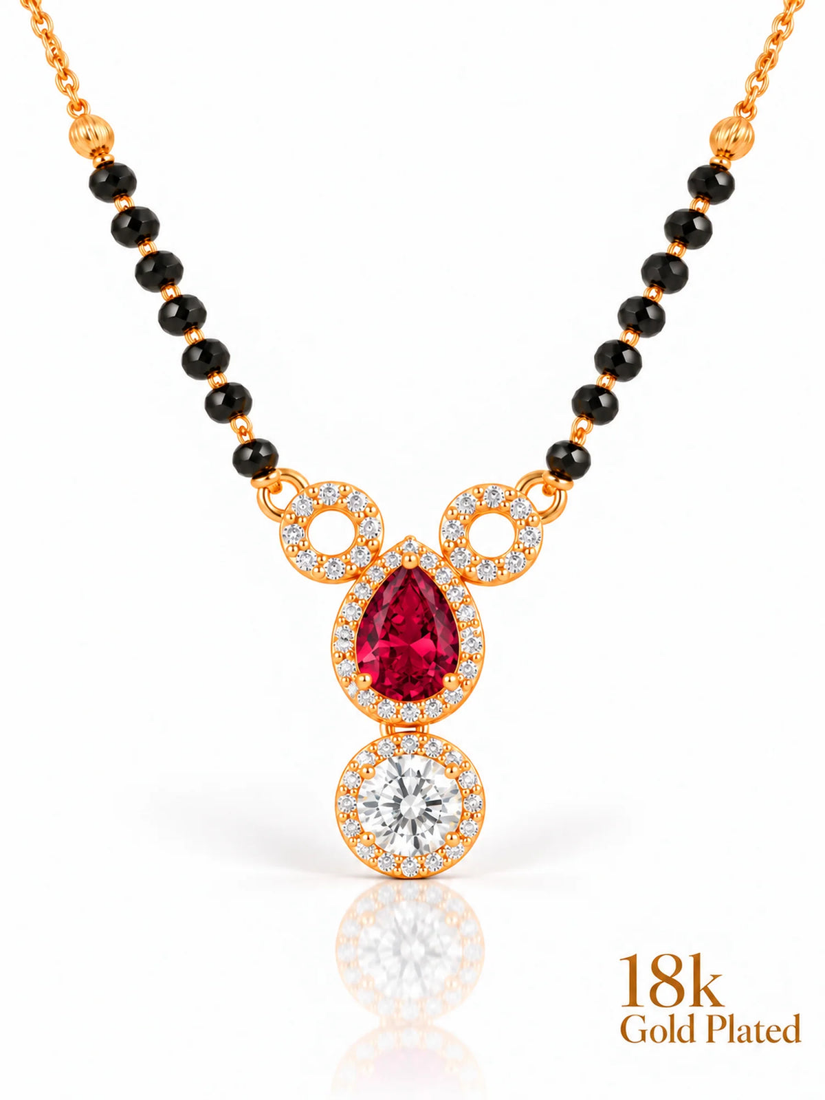 Dual Halo Solitaire Drop 18K Gold Plated Mangalsutra red upper stone, crystal clear lower stone