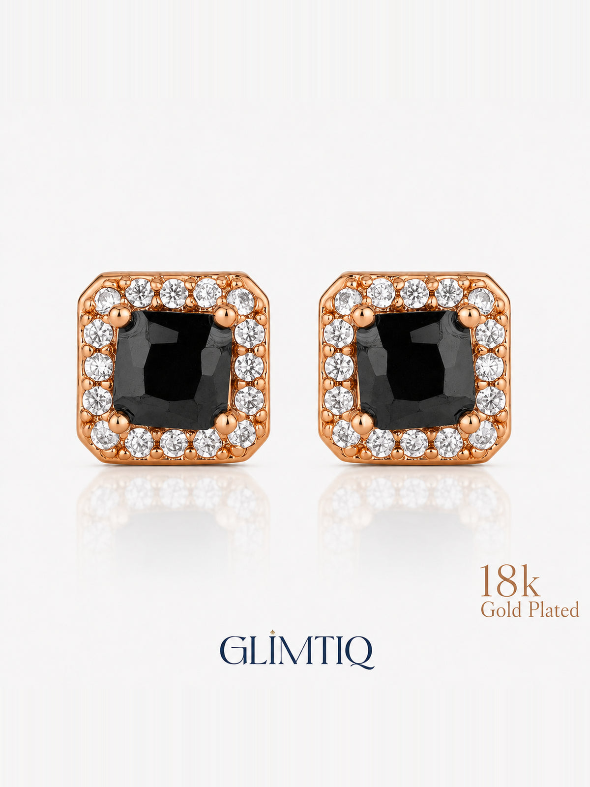 Close view of the pair of square black-centre earrings with clear accent borders