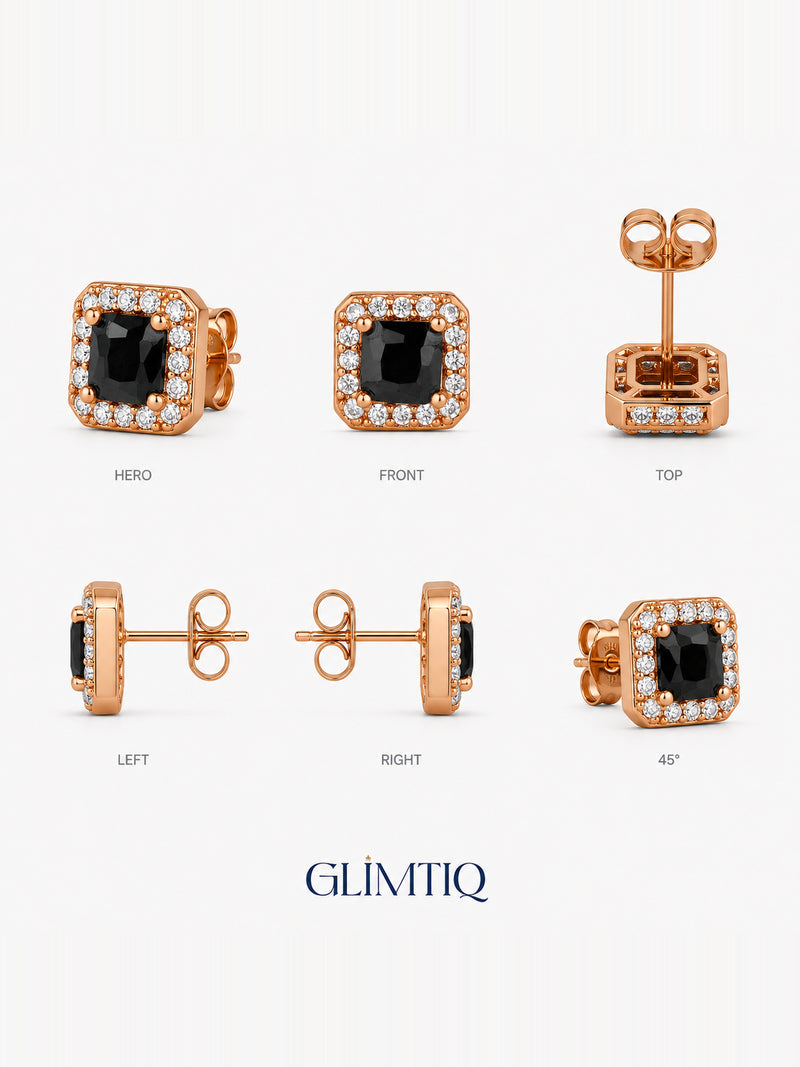 Six views of the square stud earrings showing front, side, angled view, posts and butterfly backs