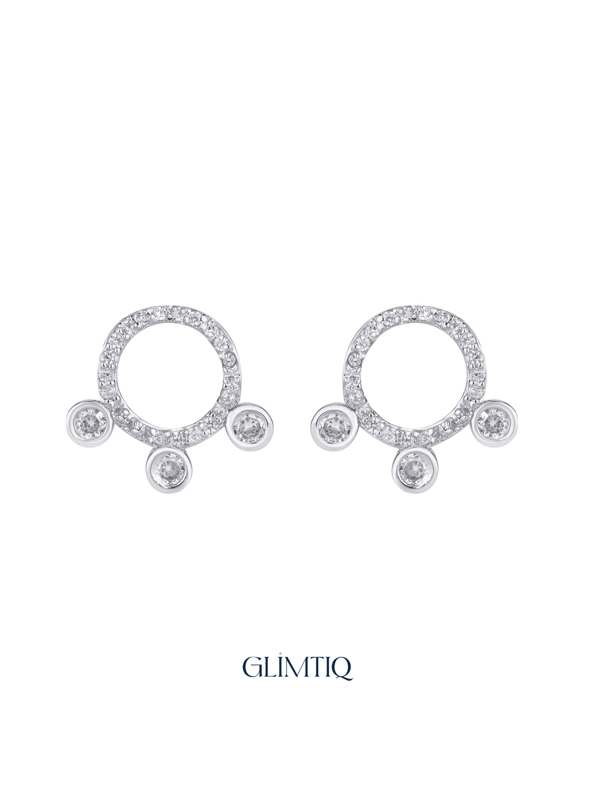 Pair of Orbit Trio 18K Gold Plated Stud Earrings, studio view
