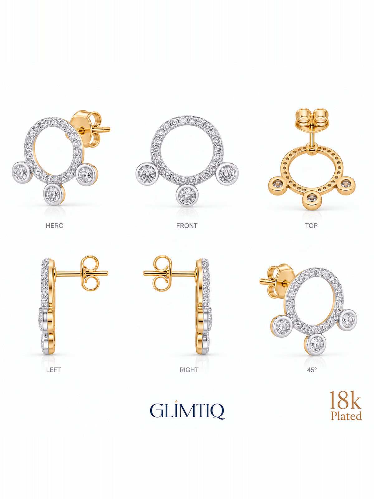 Six views of orbit trio 18k gold plated stud earrings showing front, sides and back