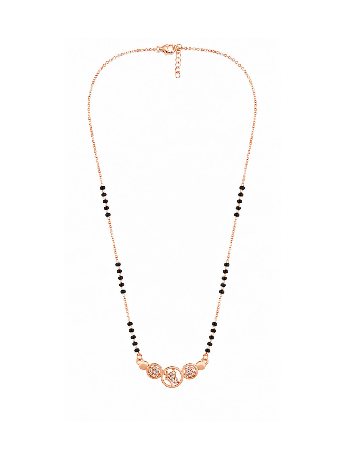Full rose gold mangalsutra showing black bead sections, peacock motif in a centre circle with two sparkling floral circles, lobster clasp and extension chain.