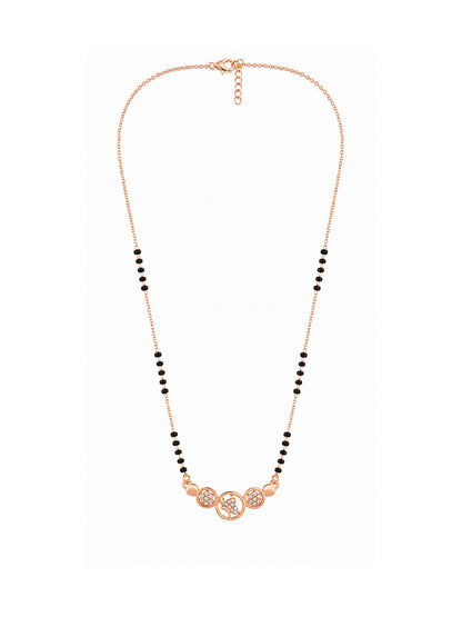 Full rose gold mangalsutra showing black bead sections, peacock motif in a centre circle with two sparkling floral circles, lobster clasp and extension chain.