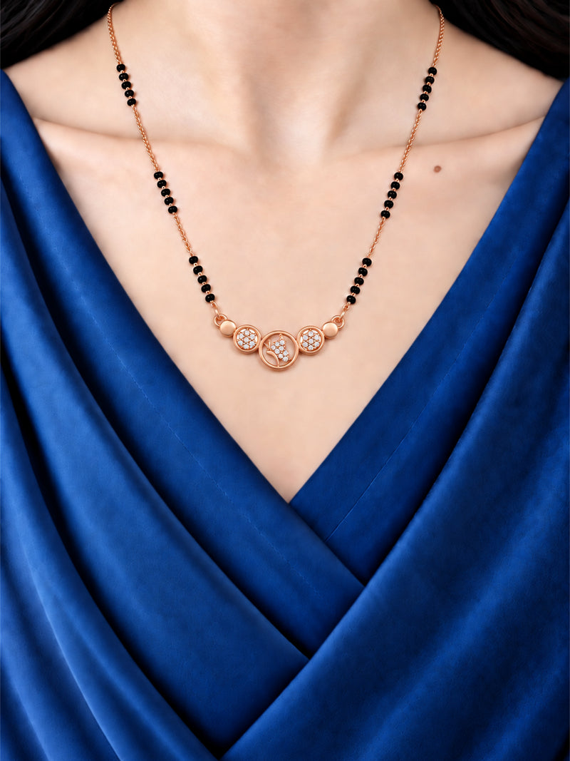 Peacock Love Circles mangalsutra with black beads shown worn on a model.