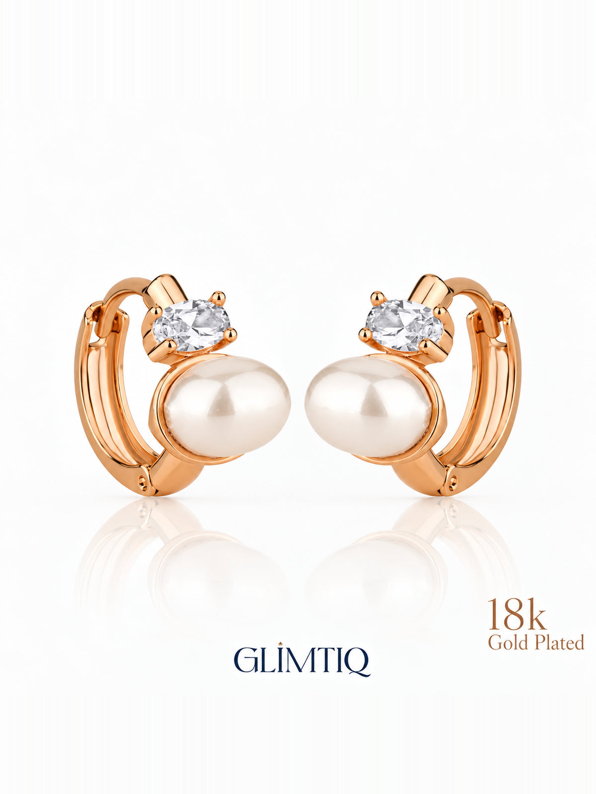 Close view of pearl duet 18k rose gold plated hoop earrings showing pearl-like white accent and clear round accent on a small hoop