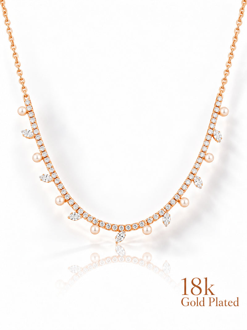 Pearl & Marquise Tennis Arc 18K Gold Plated Fringe Necklace — pendant close-up