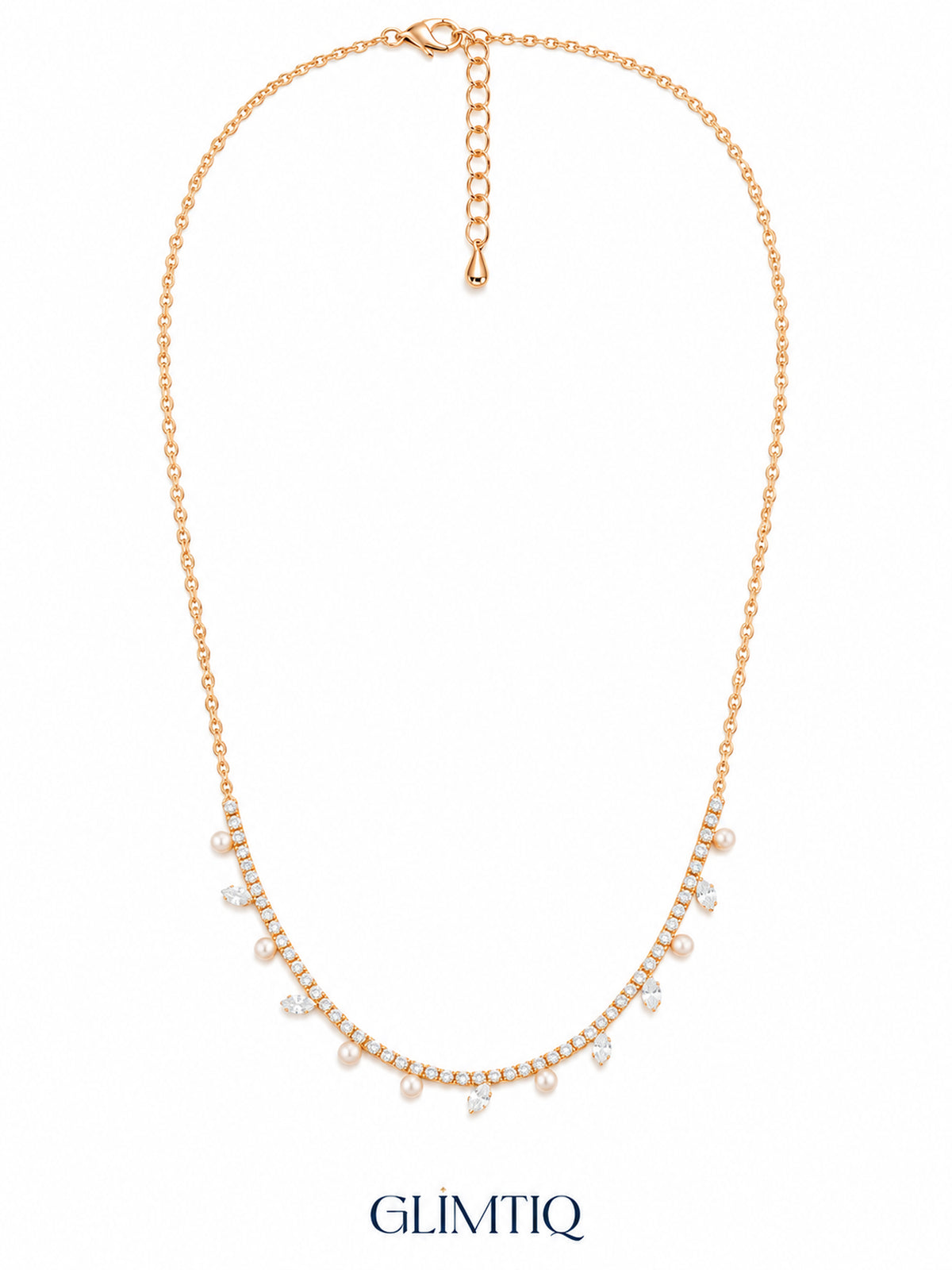 Pearl & Marquise Tennis Arc 18K Gold Plated Fringe Necklace — full chain