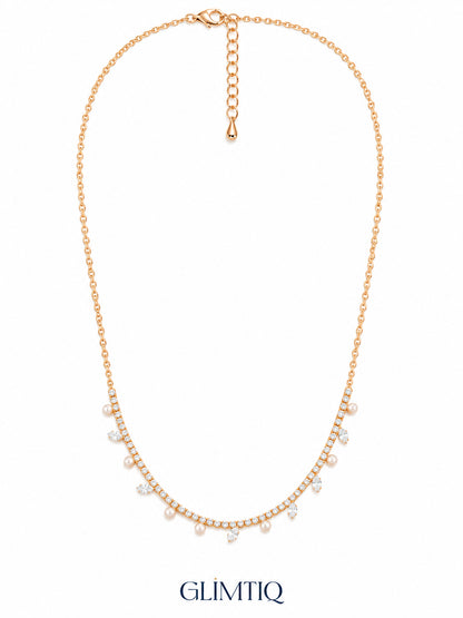 Pearl & Marquise Tennis Arc 18K Gold Plated Fringe Necklace — full chain