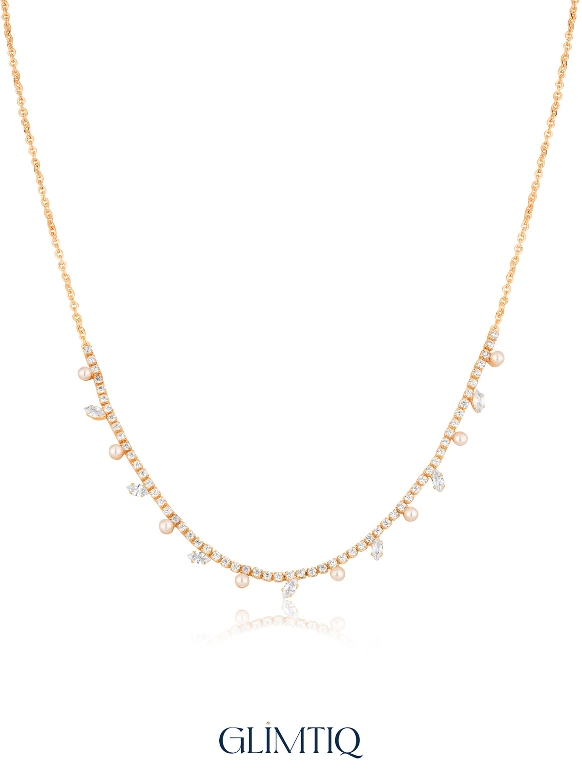 Pearl & Marquise Tennis Arc 18K Gold Plated Fringe Necklace — studio view
