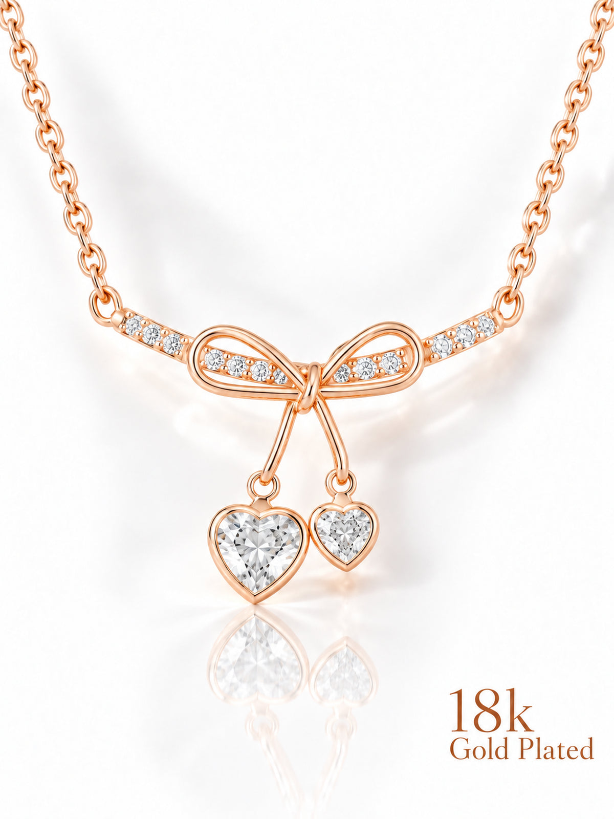 Ribbon Bow Dual Heart 18K Gold Plated Necklace pendant close-up