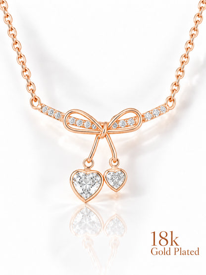 Ribbon Bow Dual Heart 18K Gold Plated Necklace pendant close-up